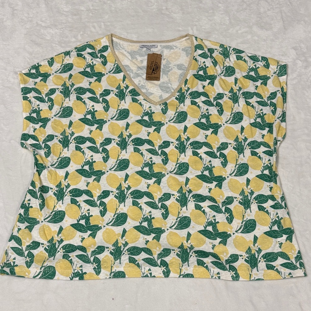 Ribeiro and Matos Lemon Print V-Neck Top Linen Blend